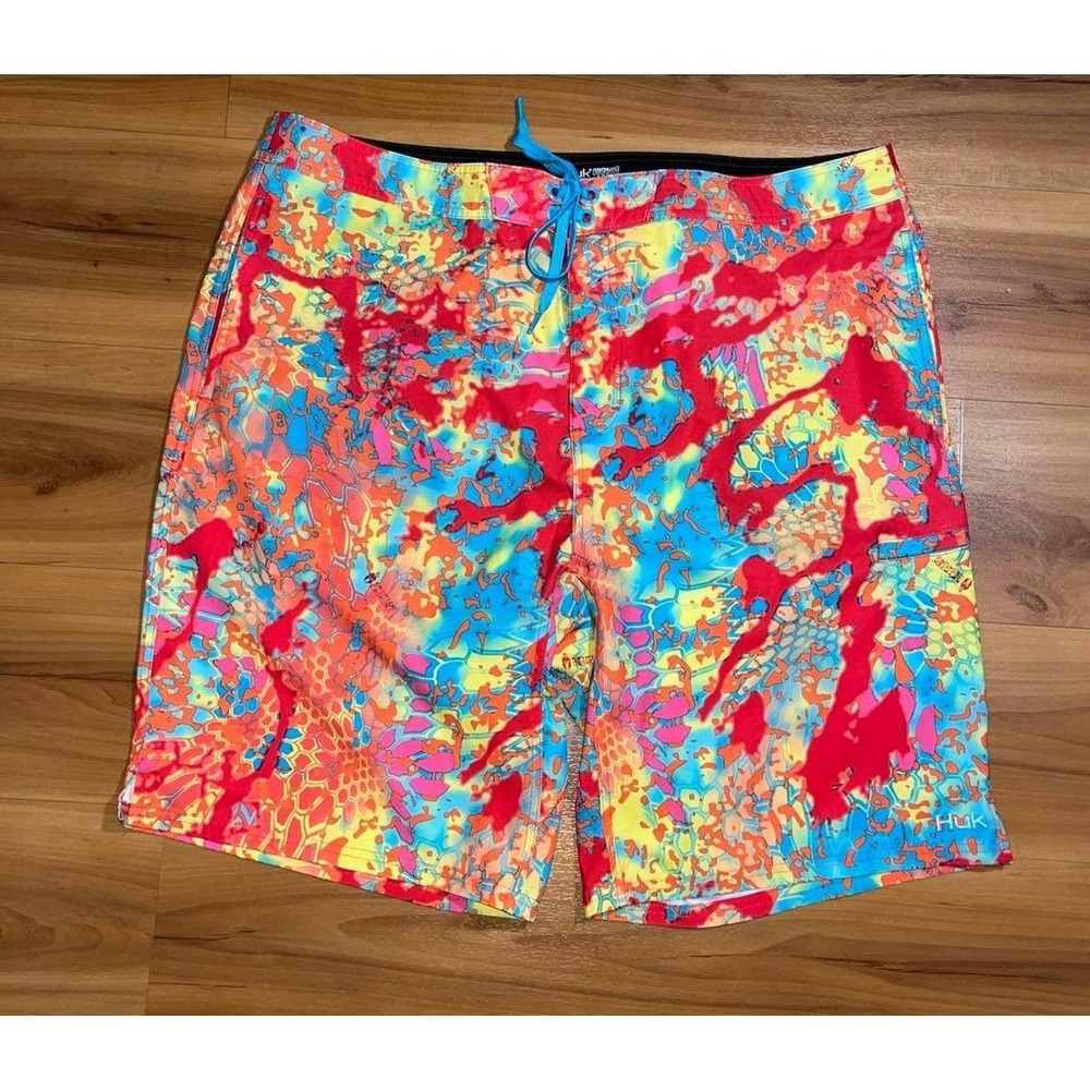 Mens Huk Fishing Freeman Swim Beach Drawstring Colorful Board Shorts